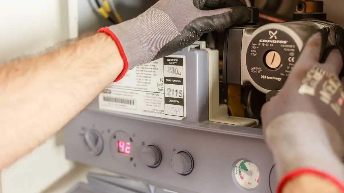 Gloved hands adjusting a boiler control panel