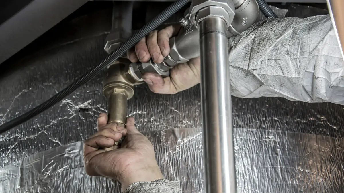 Hands fitting a pipe under a sink